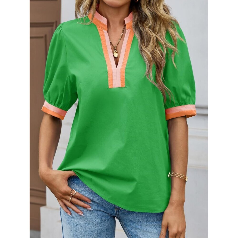 Women's Cotton Color Block Puff Sleeve V-Neck Blouse Casual Dressy Top - Picture 3 of 7